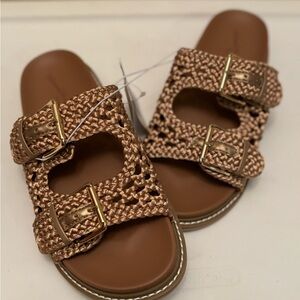 Woven Double-Buckle Slide Sandals in Bronze